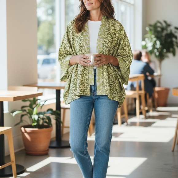 Tree of Life Green Kimono Cardigan - Picture 1 of 5